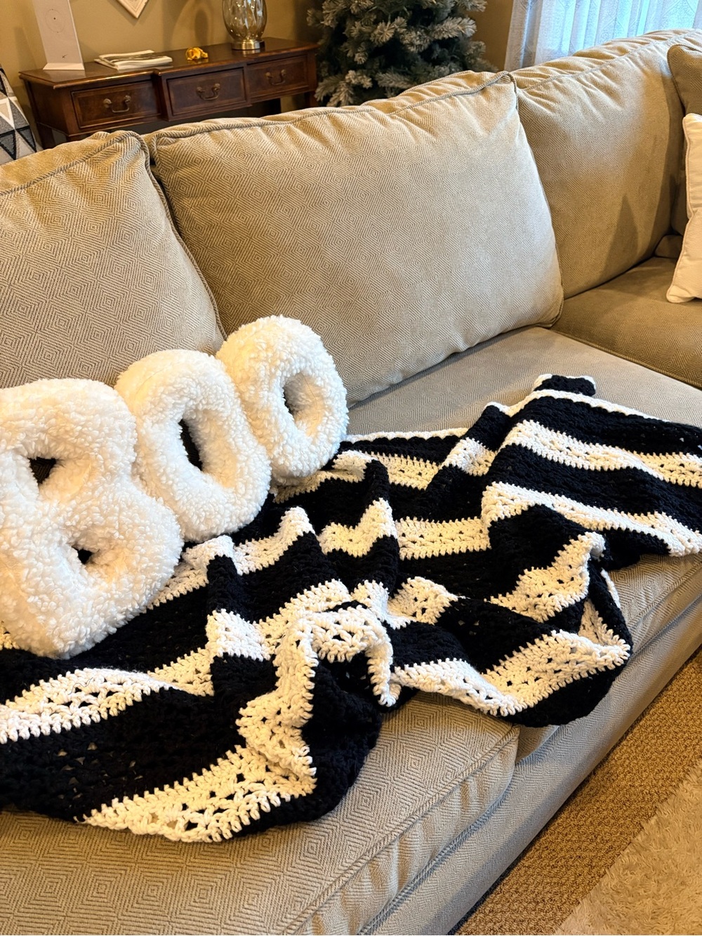Homemade Black & White Striped Crochet Throw Blanket, 84X 33in, blanket only